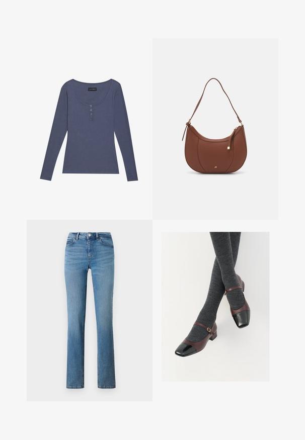 Langslachtig, geribbeld topje in donkerblauw met een ronde halslijn en een drie-knops sluiting aan de voorkant. Zachte textuur, slim fit.; Lichtblauwe denim jeans met een rechte pijp, voorzien van een ritssluiting, knoopsluiting en gestikte zakken aan de voor- en achterkant.; Bordeaux leren Mary Jane-schoenen met een zwarte laktoecap en dunne enkelband; gedragen met donkergrijze geribde sokken. Lage blokhak.; Bruine faux leren schoudertas met een gebogen vorm, minimale stiksels en een gouden hardware-accent. Voorzien van een bovenste ritsluiting en een verstelbare schouderband.