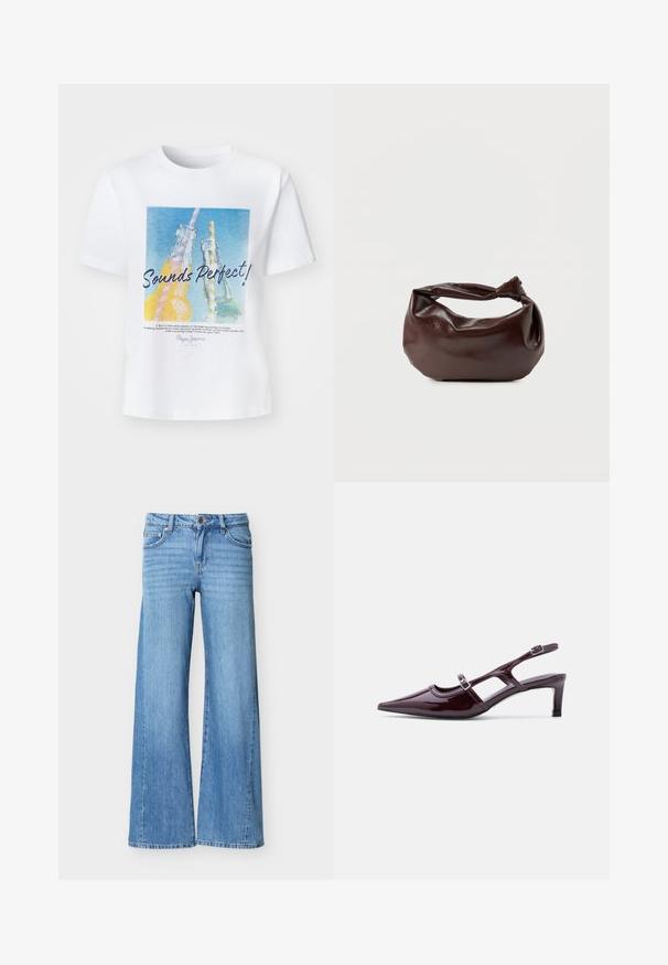 Hvid bomulds t-shirt med et farverigt grafisk motiv af to glasflasker med sugerør og teksten "Lyder Perfekt!" i fed skrift.; Lyseblå denimjeans med høj talje, knap- og lynlåslukning, forlommer og vide ben.; Bordeaux laklæder slingback-sko med spids tå, lav hæl og dobbelte justerbare spænderem.; Mørkebrun læder skuldertaske med en blød, afslappet form og et snoet knudehåndtag på en ensartet hvid baggrund.