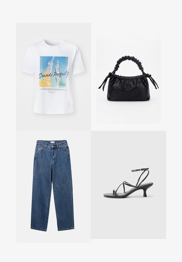 Hvid bomulds t-shirt med et farverigt grafisk motiv af to glasflasker med sugerør og teksten "Lyder Perfekt!" i fed skrift.; Klassiske blå denimbukser med lige ben, fem lommer og knaplukning. Har en medium vask og en robust tekstur.; Sorte hælede sandaler med tynde stropper, åbent tådesign og en lille, flared hæl. Materialet ser glat og blankt ud.; Sort taske med krokodilletekstur, rynket øverste kant, samlet hank og snore med kvaster på hver side mod en hvid baggrund.