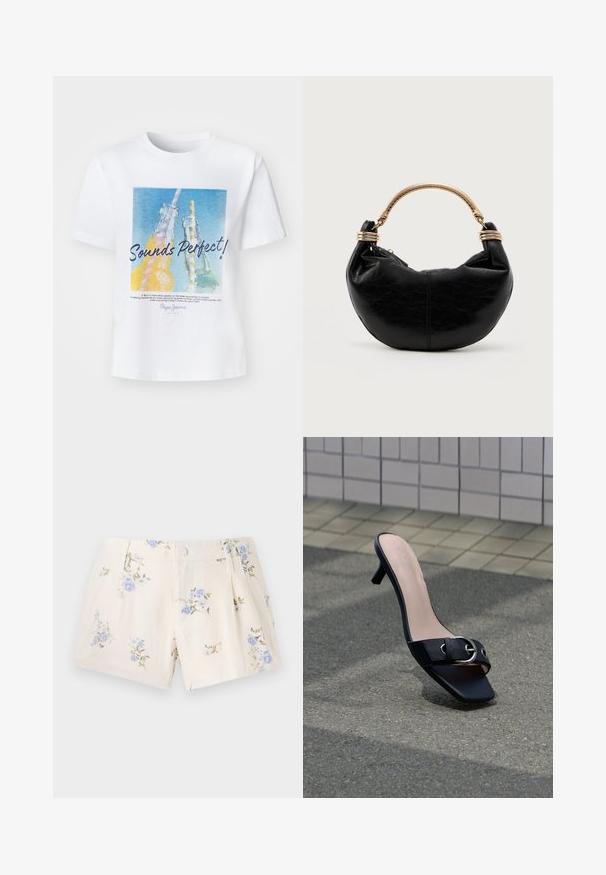 Hvid bomulds t-shirt med et farverigt grafisk motiv af to glasflasker med sugerør og teksten "Lyder Perfekt!" i fed skrift.; Blomstrede shorts lavet af let stof, med en cremefarvet bund og blå samt grønne blomstermønstre, to forlommer og en knaplukning.; Sort højhælet mule-sandal med firkantet tå, sølvspænde på rem, placeret på asfalt nær flisebelagt væg.; Sort halvmåneformet håndtaske med tekstureret overflade og et guldtonet stift håndtag med spiral-lignende udsmykninger.