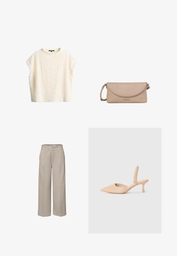 Korte mouwen ivoorkleurig top met een gestructureerd, gekreukt patroon; heeft een ronde halslijn en een relaxte pasvorm, vervaardigd uit een zachte stof.; Beige wijde broek met hoge taille en nette stiksels, zonder zichtbare zakken of sluitingen, weergegeven op een witte achtergrond.; Beige puntschoen met hak en open zijkanten. Gemaakt van glad synthetisch materiaal en een minimalistisch ontwerp.; Beige leren crossbodytas met een getextureerd oppervlak, gebogen klep, zilveren gesp en afneembare band, met merknaam "Tatuum" vooraan in het midden.