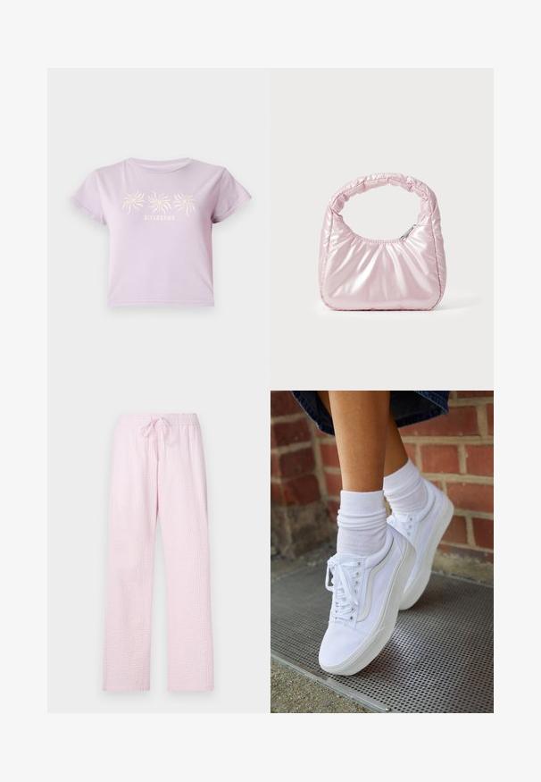 Lilla bomulds t-shirt med korte ærmer, prydet med et grafisk motiv af tre spiraler over teksten "BILLABONG" i en lysere nuance.; Lyserøde pyjamasbukser i et struktureret stof med en løs pasform, der har en elastisk talje og snøre til justering.; Hvide lærreds sneakers med gummisåler, der har seks snørehuller, rund tå og let sømdetaljer, krydret med hvide ankelstrømper.; Rosa, polstret håndtaske med afrundet design, lavet af skinnende materiale. Har et samlet håndtag og en lynlås til sikker adgang.