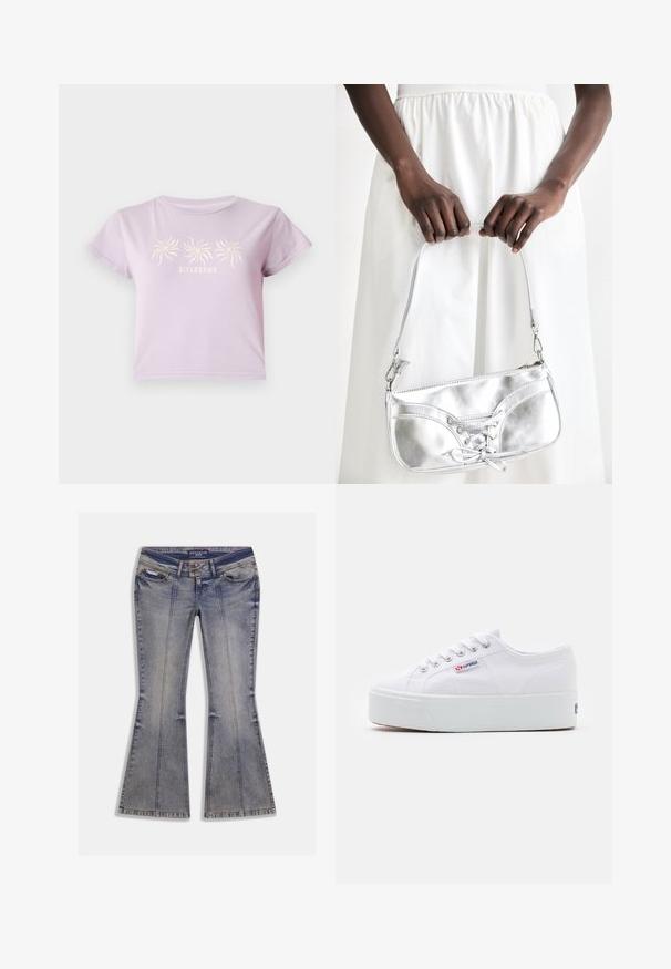 Lilla bomulds t-shirt med korte ærmer, prydet med et grafisk motiv af tre spiraler over teksten "BILLABONG" i en lysere nuance.; Denim jeans med vidde i lys blå med falmede pletter, forlommer og kontrastsyning. Har lynlås og mærketalje.; Hvide canvas sneakers med en tyk hvid platformssål, rund tå og metaløjelets til snørebånd. Mærkets logo præsenteret på siden.; Sølvmetallic håndtaske med snøredetaljer, der har et slankt design og en kort strop. Tasken holdes i hænderne for at fremvise dens tekstur.
