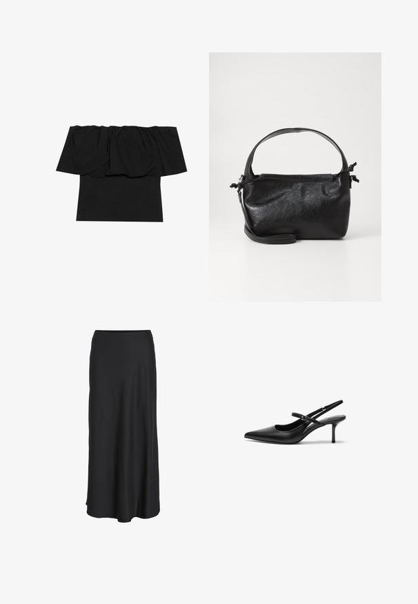 Sort off-shoulder top med foldet stof ved halsudskæringen, en tætsiddende tekstur ved kroppen og korte ærmer. Blødt, glat materiale.; Sort maxinederdel lavet af glat, letvægtsstof. Har en enkel A-formet silhuet med en let udvidet kant og ingen synlige lukninger.; Sorte læder slingback hæle med spids tå, slank justerbar rem og en stiletto hæl på cirka 5 cm, glat tekstur.; Sort læderhåndtaske med et struktureret design, rund tophåndtag og aftagelig skulderrem. Den har en glat tekstur og en subtil glans.