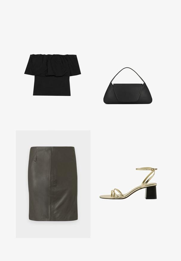 Sort off-shoulder top med foldet stof ved halsudskæringen, en tætsiddende tekstur ved kroppen og korte ærmer. Blødt, glat materiale.; Mørkegrøn lædernederdel med glat tekstur, tætsiddende form og en enkelt sidelomme. Simpelt design uden synligt beslag eller mønstre.; Guld sandal med stropper, justerbar ankelrem og blokhæl i sort, med tynde frontstropper og åben tå.; Sort læderhåndtaske med trekantet form, enkelt håndtag og klaplukning. Glat tekstur og minimal syningsdetalje.