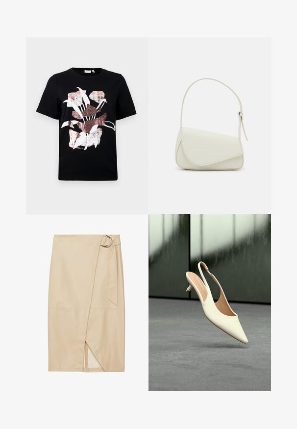 Musta lyhythihainen t-paita, jossa on valkoinen ja ruusukultainen kukkakuosi. Pehmeä kangas, pyöreä pääntie ja normaali istuvuus.; Zign Studio Kietaisuhame - off-white; Beigen värinen naisten slingback-kengät, joissa on kärkiosa ja matala kissakorko, leijuu harmaan lattian yläpuolella sumennetun tumman taustan edessä.; Valkoinen keinonahkainen käsilaukku, jossa on jämäkkä kolmion muoto, yksi säädettävä olkahihna ja kaareva läppäkiinnitys.