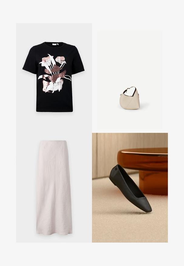 Schwarzes Kurzarm-T-Shirt mit einem floralen Design in Weiß und Roségold. Weicher Stoff mit Rundhalsausschnitt und normaler Passform.; Blassrosa Leinen-Maxi-Rock mit einem klaren, geraden Design. Der Stoff hat eine leicht strukturierte Oberfläche und einen elastischen Bund.; Schwarzer spitzer flacher Schuh, der auf einem beigen Teppich in der Nähe eines runden bernsteinfarbenen Tisches in einem minimalistischen Raum liegt.; Beige Ledertasche in Halbmondform mit einem einzelnen Schulterriemen und minimaler Nahtgestaltung, vor einem schlichten weißen Hintergrund.