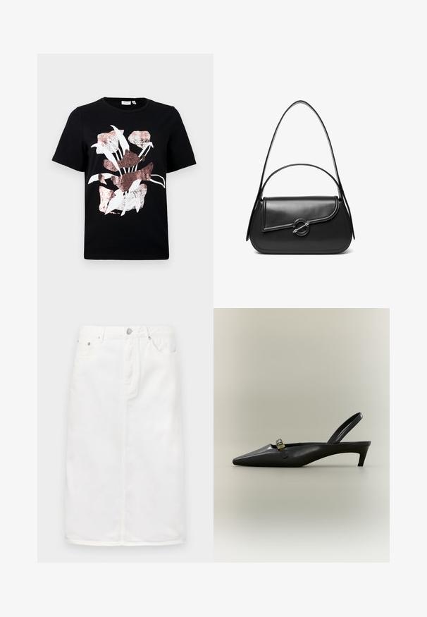Camiseta negra de manga corta con un diseño floral en blanco y oro rosa. Tejido suave con un escote redondo y un corte regular.; Falda de mezclilla blanca con cremallera frontal, diseño de cinco bolsillos y silueta recta con acentos de costura.; Zapato de tacón bajo tipo kitten en piel negra con talón descubierto, punta puntiaguda y hebilla pequeña color dorado sobre un fondo liso.; Bolso de hombro de cuero negro con una solapa curva asegurada por un broche metálico redondo y una correa delgada y ajustable.