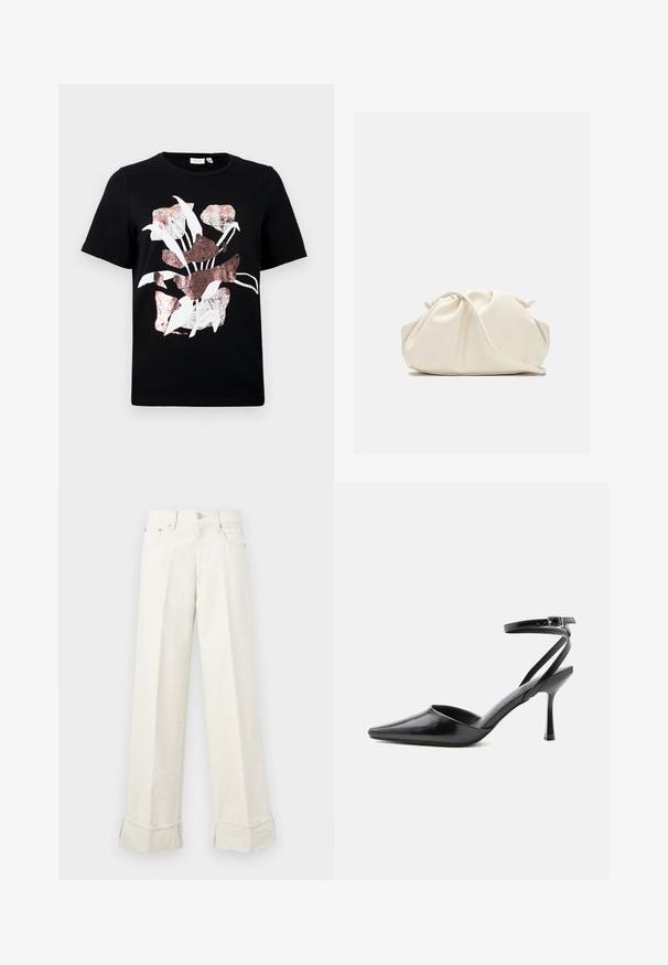 Schwarzes Kurzarm-T-Shirt mit einem floralen Design in Weiß und Roségold. Weicher Stoff mit Rundhalsausschnitt und normaler Passform.; Helleweiten Hosen aus Baumwolle in Cremefarbe, mit umgeschlagenem Saum und Gürtelschlaufen. Ausgestattet mit zwei Fronttaschen und einem vorderen Knopfverschluss.; Schwarzer spitzer High Heel mit dünnen Knöchelriemen und silberner Schnalle auf einfachem hellem Hintergrund.; Weiche, cremefarbene Leder-Clutch mit gerafftem Design und einem dünnen Schulterriemen, der vorne auf einem schlichten Hintergrund liegt.