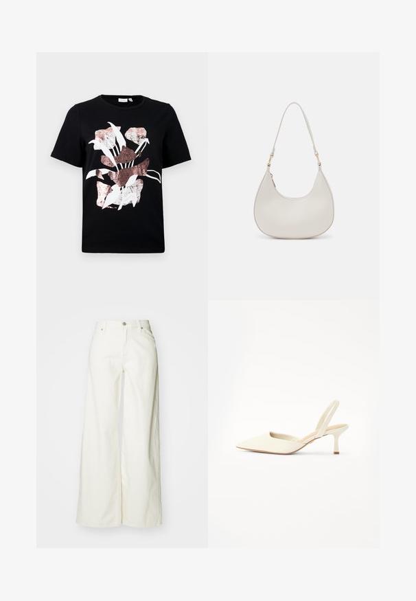 Camiseta negra de manga corta con un diseño floral en blanco y oro rosa. Tejido suave con un escote redondo y un corte regular.; Jean de mezclilla blancos de pierna ancha. Presentan una cintura alta, cierre frontal con botón y un diseño clásico de cinco bolsillos. Textura suave, sin patrones.; Zapato de tacón con punta afilada y espalda descubierta en un material blanco hueso liso con un brillo sutil, que cuenta con un tacón delgado y un diseño minimalista.; Bolso de hombro de cuero crema con forma de media luna, correa delgada y sutil detalle de costuras. Diseño minimalista con acentos de hardware en tono dorado.