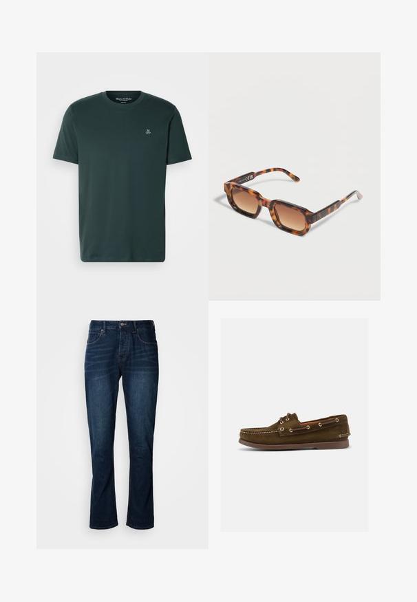 Dunkelgrünes T-Shirt aus weichem Stoff, mit Rundhalsausschnitt und kurzen Ärmeln. Besticktes Logo auf der linken Brust.; Dunkelblaue Denim-Jeans mit geradem Bein, ausgestattet mit orangefarbenen Nähten, einem Metallknopf und dem klassischen Fünf-Taschen-Design.; Brauner Bootsschuh aus Wildleder mit Mokassinnase, Schnürfront, Metallösen und brauner Gummisohle, seitlich dargestellt.; Rechteckige Sonnenbrille mit Schildpatt-Muster und braunen Verlaufsgläsern, die auf einer hellen Oberfläche liegt.