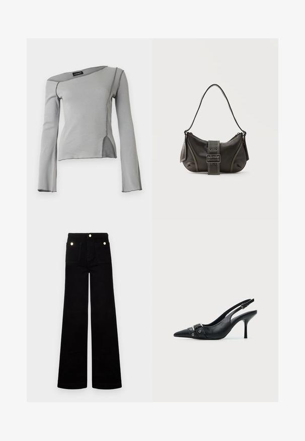 Haut à manches longues gris clair avec un col asymétrique, des coutures apparentes et une fente latérale à l'avant.; Jean noir évasé en denim, avec taille haute, deux poches avant et accents en métal doré. Texture lisse, design à jambe large.; Escarpin slingback à talon haut en cuir noir avec bout pointu, boucle et détail de bride œillet à l'avant.; Sac à épaule en cuir noir avec une sangle à boucle, des bords arrondis et des coutures blanches contrastées sur un fond uni.
