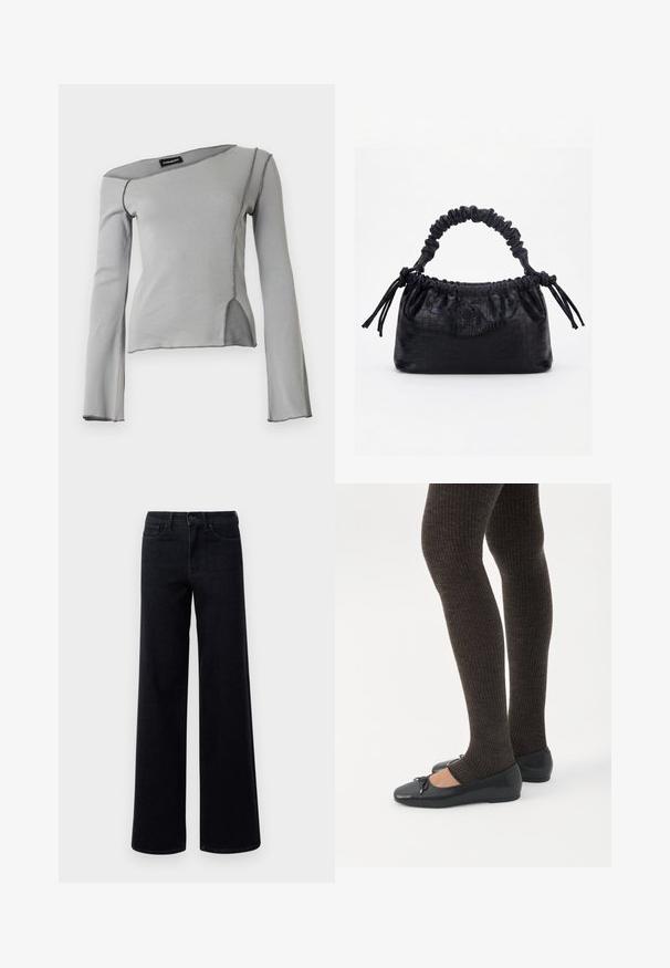 Haut à manches longues gris clair avec un col asymétrique, des coutures apparentes et une fente latérale à l'avant.; Jean en denim noir à jambes larges avec une taille haute, doté de poches standard et d'une fermeture à bouton. Texture lisse avec un léger, stretch.; Jambes portant des leggings côtelés foncés associés à des ballerines noires avec de petits détails en nœud sur fond blanc.; Sac à main noir avec texture crocodile, bord supérieur froncé, poignée plissée et pompons à cordon de chaque côté sur fond blanc.