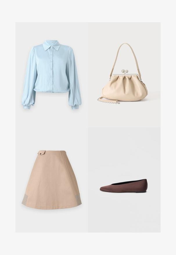 Hofmann Copenhagen FLORA - Overhemdblouse - lavender blue; Beige A-lijn rok van katoen, met knoopdetail en een geruit patroon aan de zoom. Gladde textuur, kniehoog model.; Bruine stoffen balletschoenen met een puntige neus en een gladde textuur, voorzien van een lage achterkant en een dunne zwarte zool. Geen zichtbare patronen of metalen onderdelen.; Beige zachte leren handtas met een zilveren metalen frame sluiting, een enkele schouderriem en een optionele kettingriem op een witte achtergrond.