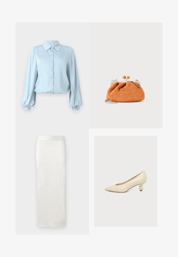 Hofmann Copenhagen FLORA - Overhemdblouse - lavender blue; Witte, knielange rok van soepel, lichtgewicht stof met een rechte snit en een eenvoudige, elastische tailleband.; Crèmekleurige pumps met een puntige neus en een lage, unieke bolvormige hak op een effen witte achtergrond.; Kleine oranje geweven clutch met zilverkleurig metalen frame, ronde sluiting en een zilveren kettingriem op een witte achtergrond.