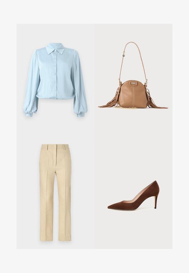 Hofmann Copenhagen FLORA - Skjortebluser - lavender blue; Beige skræddersyede bukser med lige ben, lavet af struktureret stof, med pressefurer og lynlåsforty. ; Brun ruskindspids-stilet sko med slank stiletthæl på hvid baggrund.; Lille tanfarvet læder skuldertaske med lang rem, guldkæde detalje og frynser på begge sider mod en neutral baggrund.