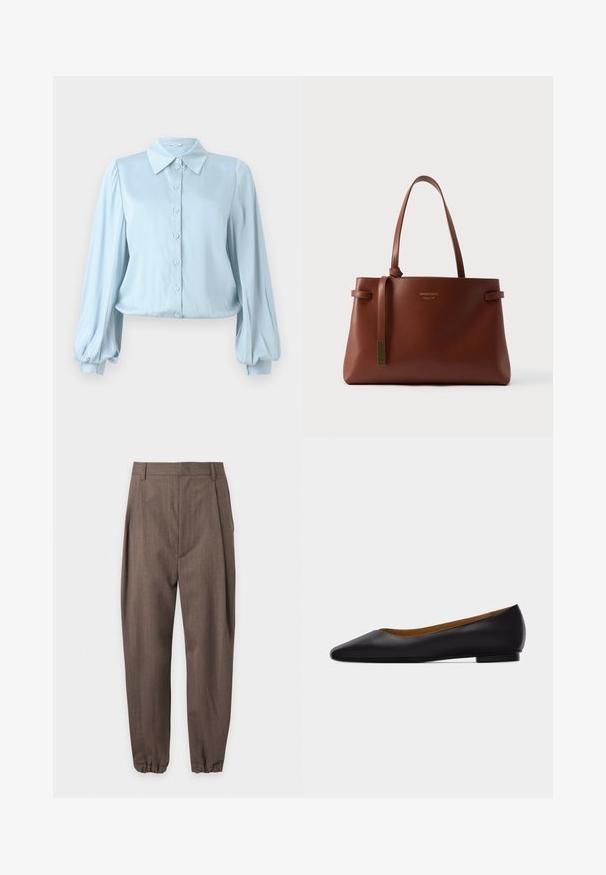 Hofmann Copenhagen FLORA - Hemdbluse - lavender blue; Braune maßgeschneiderte Hose mit Falten, Gürtelschlaufen und elastischen Bündchen, vor weißem Hintergrund dargestellt.; Schwarzer flacher Schuh aus Leder mit spitz zulaufender Vorderkappe, niedrigem Absatz und glatter Oberfläche, von der Seite vor einem hellgrauen Hintergrund dargestellt.; Braune Ledertasche mit zwei langen Griffen, einer eleganten rechteckigen Form und einer kleinen dekorativen Quaste. Mit dezenten Logodetails.