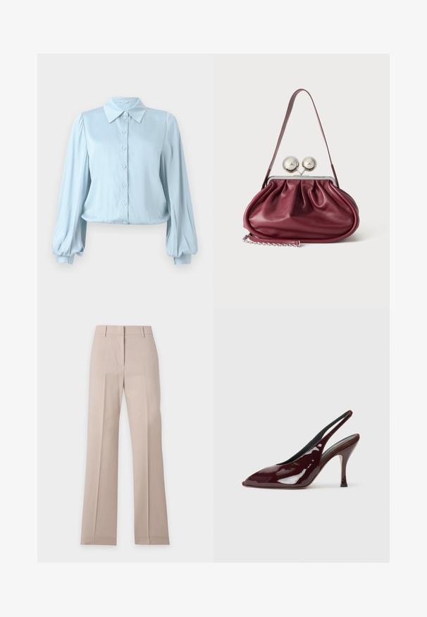 Hofmann Copenhagen FLORA - Overhemdblouse - lavender blue; Beige, recht gesneden broek met riemlussen en een voorvouw, plat gelegd op een witte achtergrond.; NEOUS HAMAL - Hoge hakken - dark chocolate; Kleine bordeaux leren handtas met geplooide details, een dunne band en een zilveren sluiting met twee grote ronde knoppen.