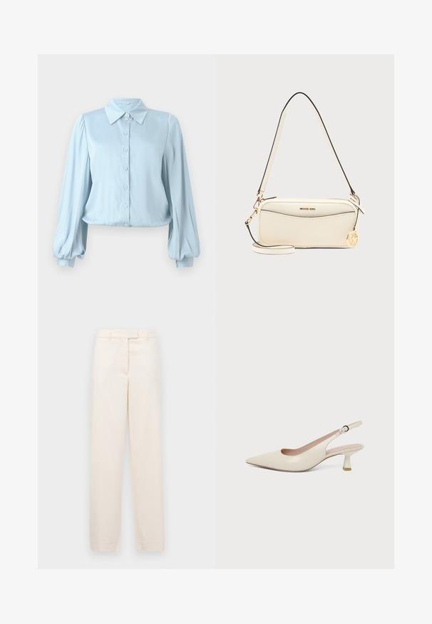Hofmann Copenhagen FLORA - Overhemdblouse - lavender blue; Beige broek met een rechte pijp, gemaakt van een gladde stof. Voorzien van een tailleband met riemlussen en een ritssluiting aan de voorkant.; Crèmekleurige slingback met puntige neus, kleine gebogen kittenhak en verstelbare gespband.; Michael Kors schoudertas in crèmekleur met gouden logo-bedel, ritssluiting en verstelbare band op effen achtergrond.
