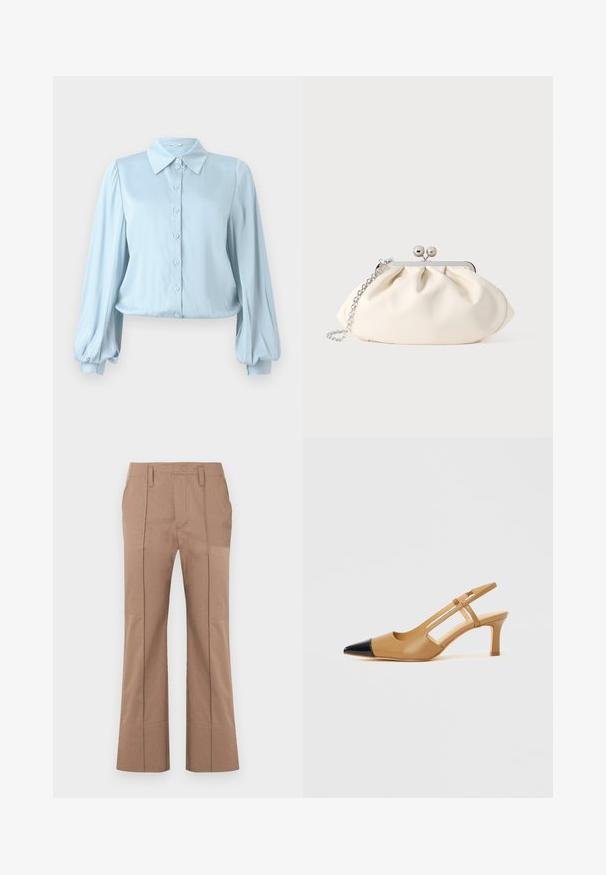 Hofmann Copenhagen FLORA - Overhemdblouse - lavender blue; Beige rechtlopende broek met voorplooien, riemlussen en een hoge taille, weergegeven op een witte achtergrond.; Beige slingbackhakken met een spitse zwarte neuskap, met uitgeholde zijkanten en een blokhak van gemiddelde hoogte. Glad leermateriaal.; Crèmekleurige stoffen clutch met een geplooid ontwerp, een zilverkleurig metalen frame, twee decoratieve balletjes en een zilveren kettingriem.