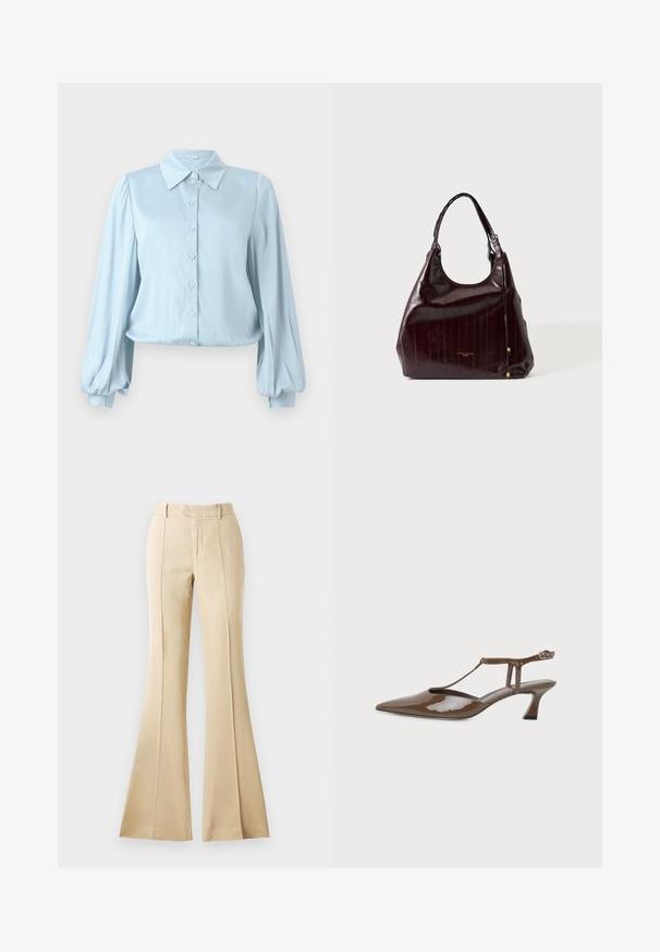 Hofmann Copenhagen FLORA - Hemdbluse - lavender blue; Beige ausgestellte Hose aus einem glatten Stoff, mit vorderen Falten, hoher Taille und einer klaren, taillierten Silhouette.; Brauner Lackleder-Spitzzehen-Slingback-Schuh mit niedrigem Kitten-Heel, dünnem T-Riemen und Knöchelriemenverschluss.; Dunkelbraune glänzende Ledertasche mit einem einzelnen Griff und dezenten vertikalen Präge-Streifen, gezeigt vor einem schlichten hellen Hintergrund.
