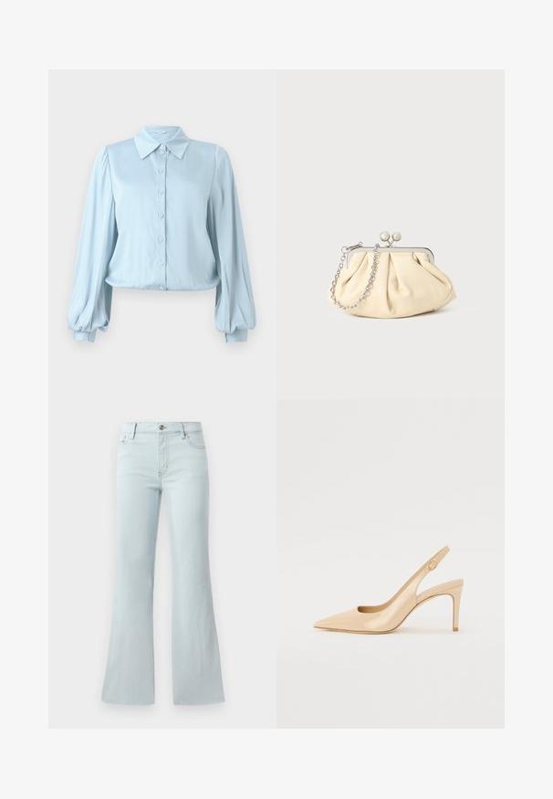 Hofmann Copenhagen FLORA - Hemdbluse - lavender blue; Helle blaue, ausgestellte Jeans aus Denim. Verfügt über ein klassisches Fünf-Taschen-Design und einen Frontknopfverschluss. Glatte Textur über das gesamte Material.; Nude patentleder Slingback-Absatzschuh mit spitzer Zehenpartie, offenem Vorderblatt und dünnem Stiletto-Absatz. Verfügt über ein kreisförmiges goldfarbenes Akzent auf dem Riemen.; Faltige beigefarbene Ledertasche mit einem silbernen Metallrahmen, ausgestattet mit zwei runden dekorativen Verschlüssen und einem silbernen Kettenriemen.