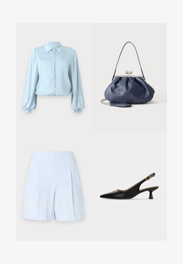 Hofmann Copenhagen FLORA - Hemdbluse - lavender blue; Hellblaue, strukturierte Stoffshorts mit hohem Bund, Vorderfalten und breiten Säumen vor einfarbigem Hintergrund.; Schwarzer Slingback-Schuh mit spitzer Kappe, niedrigem Absatz, goldener Schnallenschließe und ausgestelltem Absatz, präsentiert auf einem schlichten hellen Hintergrund.; Weiche navyblaue Ledertasche mit silberner Verschlussklammer, einem einzelnen Schulterriemen und abnehmbarem Ketten-Handgelenksriemen auf weißem Hintergrund.