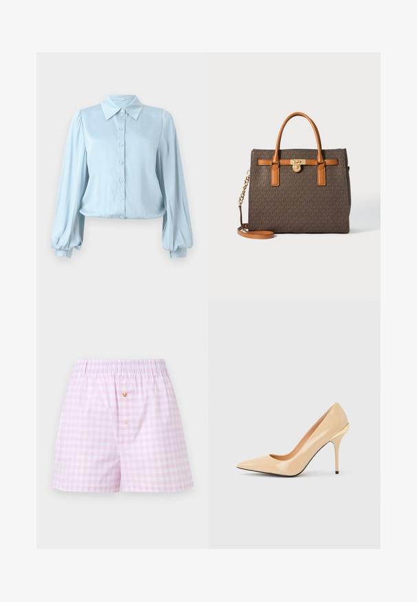 Hofmann Copenhagen FLORA - Hemdbluse - lavender blue; Hellrosa und weiß karierte Shorts mit elastischem Bund und zwei vorderen Knöpfen, einem goldfarbenen und einem weißen.; Beiger High-Heel-Pumps aus lackiertem Leder mit spitzer Zehenpartie und schlankem Stiletto-Absatz, mit einem kleinen goldenen Akzent an der Rückseite.; Braune Handtasche mit Muster und braunen Lederakzenten, goldenen Beschlägen, doppelten oberen Griffen und einem verstellbaren Schulterriemen aus Kette.