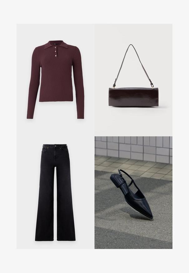 Polo à manches longues côtelé de couleur bordeaux foncé avec un petit col et trois boutons au niveau du cou. Texture douce avec une silhouette ajustée.; Jean large taille haute noir avec poches avant, passants de ceinture et fermeture à bouton.; Chaussure plate noire à bout pointu avec bride arrière, flottant au-dessus d'une surface en bitume à côté d'un trottoir carrelé.; Sac à main rectangulaire en cuir noir avec une longue bandoulière unique et une finition brillante, présenté sur un fond blanc uni.