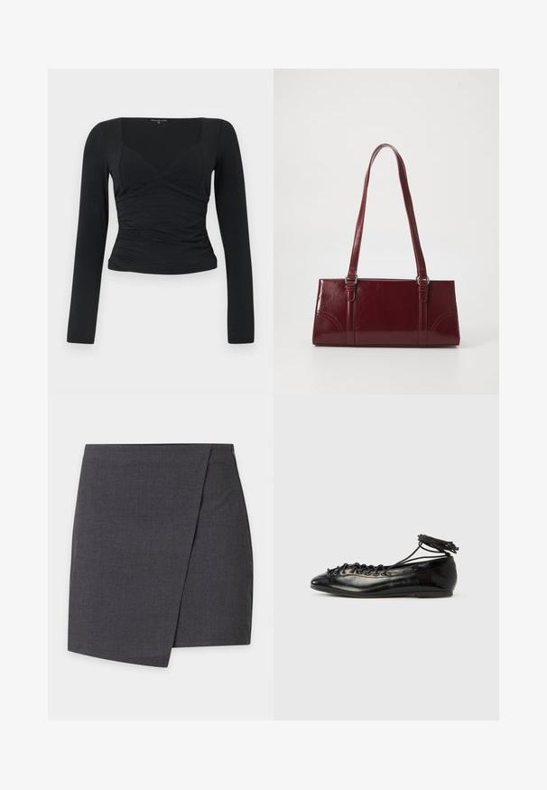 Haut noir à manches longues avec un design ajusté, décolleté en V et détail de taille froncée. Fabriqué à partir d'un tissu lisse et extensible.; Mini-jupe grise foncée style portefeuille avec des lignes épurées et un subtil détail de chevauchement latéral.; Ballerines en cuir verni noir avec un bout rond, un design à lacets et une semelle plate. Texture lisse avec peu de détails.; Sac à main bordeaux en matériau brillant, de forme rectangulaire, avec deux anses et des accents légèrement courbés à l'avant.