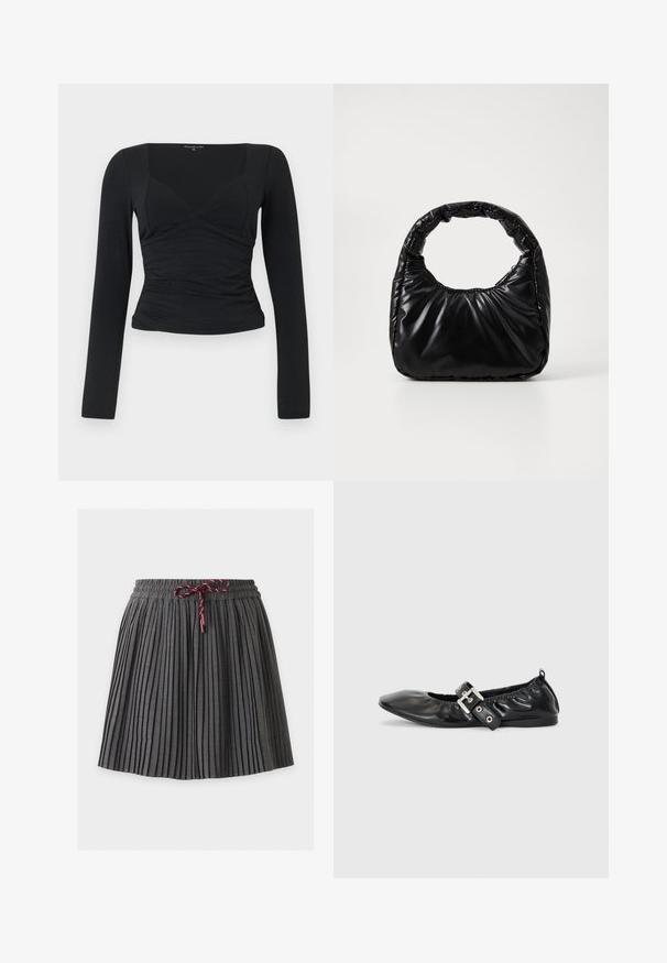 Haut noir à manches longues avec un design ajusté, décolleté en V et détail de taille froncée. Fabriqué à partir d'un tissu lisse et extensible.; Jupe plissée gris foncé avec une taille élastique et un cordon bordeaux noué au centre devant.; Chaussure plate en cuir noir avec un nez pointu, des détails froncés autour de l'ouverture et un accent en boucle argentée sur la bride ajustable.; Sac à main noir rembourré avec une poignée arrondie, présentant une surface lisse et brillante ainsi qu'une texture douce et matelassée. Pas de quincaillerie ou d'accents visibles.