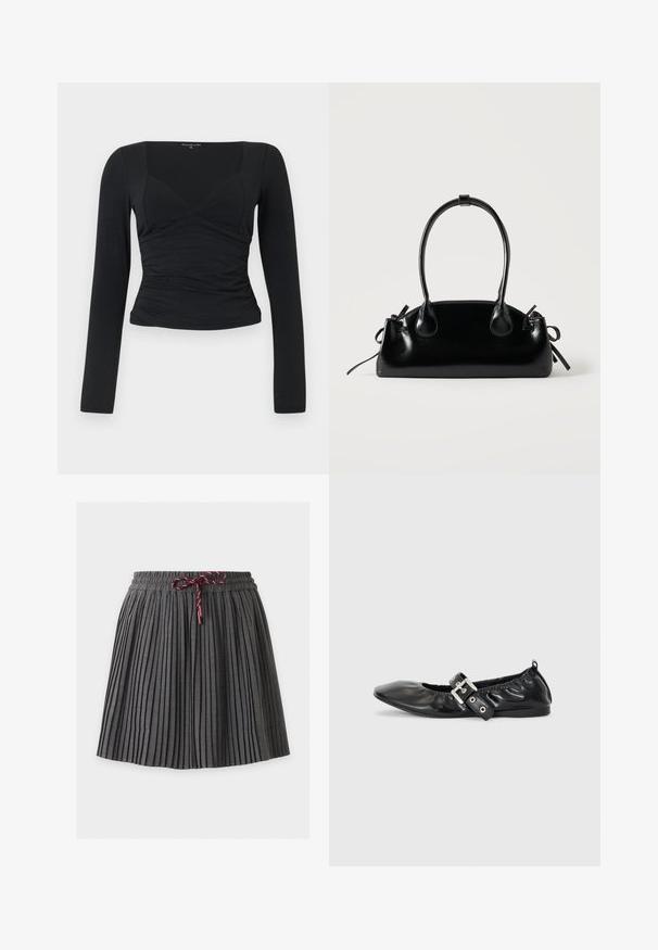 Haut noir à manches longues avec un design ajusté, décolleté en V et détail de taille froncée. Fabriqué à partir d'un tissu lisse et extensible.; Jupe plissée gris foncé avec une taille élastique et un cordon bordeaux noué au centre devant.; Chaussure plate en cuir noir avec un nez pointu, des détails froncés autour de l'ouverture et un accent en boucle argentée sur la bride ajustable.; Petit sac à main noir brillant avec deux longues anses et des détails à cordon sur les côtés sur un fond clair uni.
