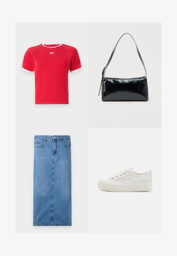 Camiseta de algodón roja con ribete blanco en el cuello y las mangas. Presenta un cuello redondo y un logo en el centro. Diseño de manga corta.; Falda midi de mezclilla en azul claro, con silueta recta, costura frontal y cintura estándar con cinco pasadores para cinturón y cierre de botón de metal.; Zapatillas de lona blancas con una suela de goma texturizada, puntera redondeada y diseño con cordones que presenta tres franjas laterales.; Bolso de hombro rectangular negro con una correa ajustable y un cierre de cremallera superior sobre un fondo liso.