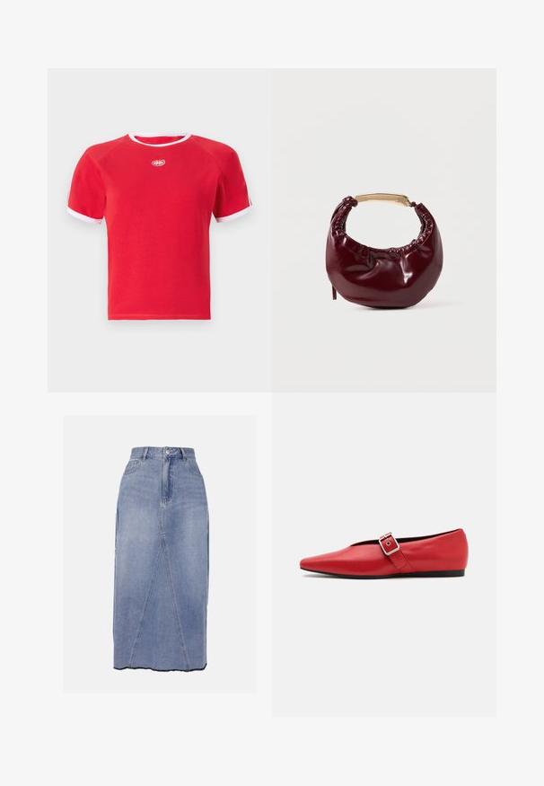 T-shirt en coton rouge avec une bordure blanche au col et aux manches. Présente un col rond et un logo au centre. Design à manches courtes.; Jupe midi en denim bleu clair, dotée d'une taille haute, de coutures frontales et d'un ourlet irrégulier avec des bords bruts pour une finition texturée.; Ballerine en cuir rouge avec une pointe pointue, comportant une lanière sur le côté avec une boucle en métal et un petit talon noir. Texture lisse sur l'ensemble.; Sac à main en simili cuir bordeaux avec une forme arrondie, des détails froncés et une anse en métal doré. Texture lisse et finition brillante.