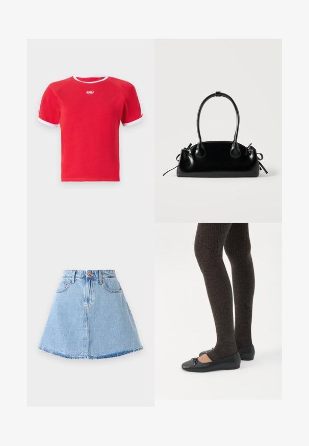 T-shirt en coton rouge avec une bordure blanche au col et aux manches. Présente un col rond et un logo au centre. Design à manches courtes.; Jupe en denim en forme A de couleur bleu clair avec un ourlet effiloché, cinq poches et une fermeture à boutons. Présente des garnitures en ton cuivre et des détails de couture subtils.; Jambes portant des leggings côtelés foncés associés à des ballerines noires avec de petits détails en nœud sur fond blanc.; Petit sac à main noir brillant avec deux longues anses et des détails à cordon sur les côtés sur un fond clair uni.