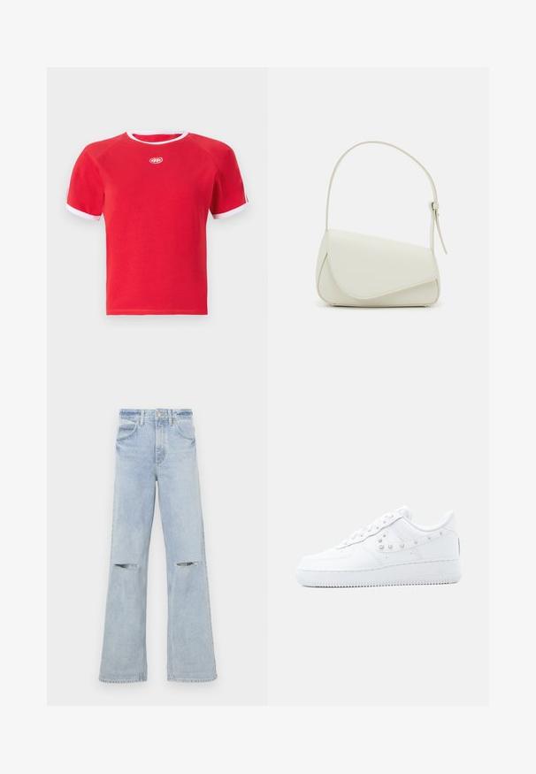 T-shirt en coton rouge avec une bordure blanche au col et aux manches. Présente un col rond et un logo au centre. Design à manches courtes.; Jean en denim bleu clair à large jambe avec des découpes effilochées au niveau des genoux, taille haute et design classique à cinq poches. Fabriqué en tissu denim avec une texture douce.; Baskets blanches Nike Air Force 1 avec détail Swoosh clouté et semelle épaisse, présentées sur un fond uni gris clair.; Sac à main en cuir synthétique blanc avec une forme triangulaire structurée, une bandoulière unique réglable et un rabat à courbes accentuées.