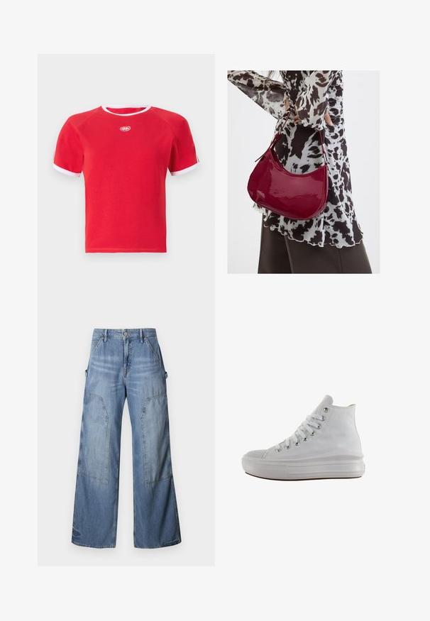Camiseta de algodón roja con ribete blanco en el cuello y las mangas. Presenta un cuello redondo y un logo en el centro. Diseño de manga corta.; Good American GOOD EASE RELAXED - Vaqueros boyfriend - indigo; Zapatilla de lona blanca de caña alta con cordones blancos, ojales metálicos, suela gruesa de goma y puntera texturizada, mirando hacia la izquierda sobre un fondo blanco.; Mujer con blusa de estampado en blanco y negro sosteniendo un bolso de hombro rojo brillante sobre un fondo liso.