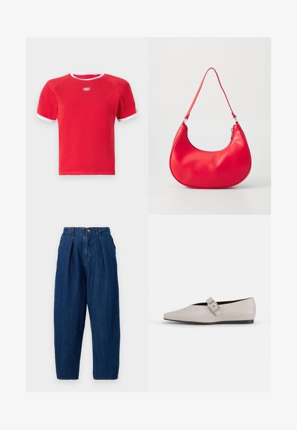T-shirt en coton rouge avec une bordure blanche au col et aux manches. Présente un col rond et un logo au centre. Design à manches courtes.; Pantalons en denim bleu foncé avec une coupe décontractée, présentant des plis à l'avant, une fermeture à bouton et des jambes fuselées.; Chaussure plate en cuir beige avec un bout pointu, un accent de boucle sur le côté et une semelle noire basse. Texture lisse et design minimaliste.; Sac à épaule en simili cuir rouge au design courbé, avec une bandoulière fine et une fermeture éclair. Texture lisse avec des détails de couture visibles.