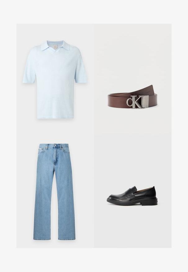 Polo bleu clair manches courtes avec un col classique, présenté sur un fond blanc uni.; Jean en denim bleu clair coupe droite à cinq poches avec fermeture à boutons à la taille, présenté sur un fond uni.; Chaussure habillée noire en cuir, à enfiler, avec un petit talon et un logo Calvin Klein discret sur le côté, présentée de profil sur un fond blanc.; Ceinture en cuir brun enroulée avec une boucle métallique "CK" logo, design minimaliste sur fond blanc uni.
