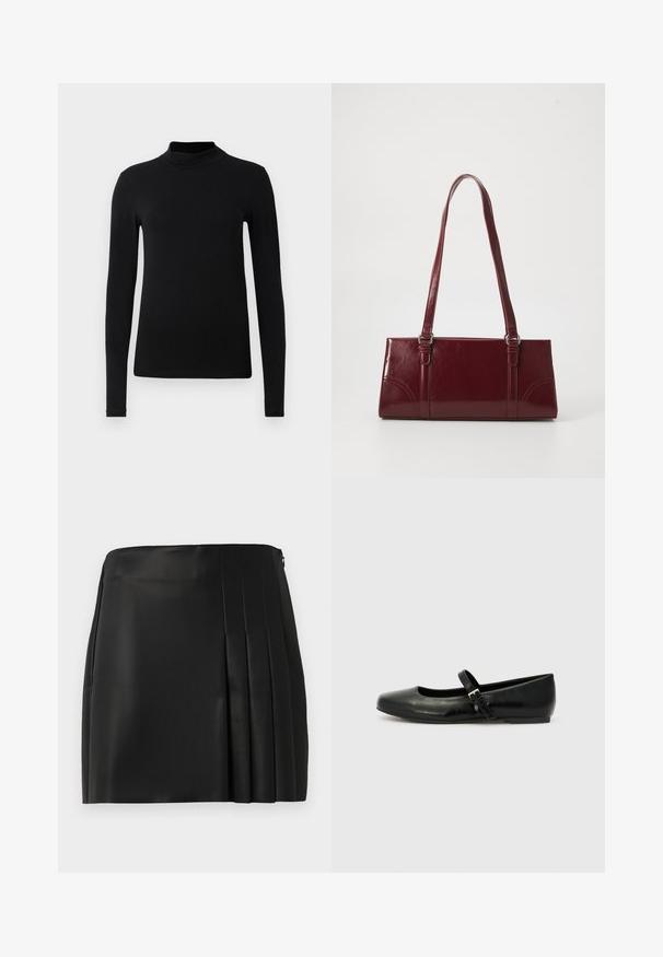 Chemise à col roulé noir à manches longues en tissu lisse ; design ajusté avec un col haut et sans coutures visibles. Couleur unie et simple.; Jupe mini en faux cuir noir avec un devant lisse et des plis sur le côté droit, équipée d'une fermeture éclair au dos.; Ballerines en cuir noir avec un bout arrondi, une semelle plate et une fine sangle ajustable sur le cou-de-pied avec une boucle en métal.; Sac à main bordeaux en matériau brillant, de forme rectangulaire, avec deux anses et des accents légèrement courbés à l'avant.