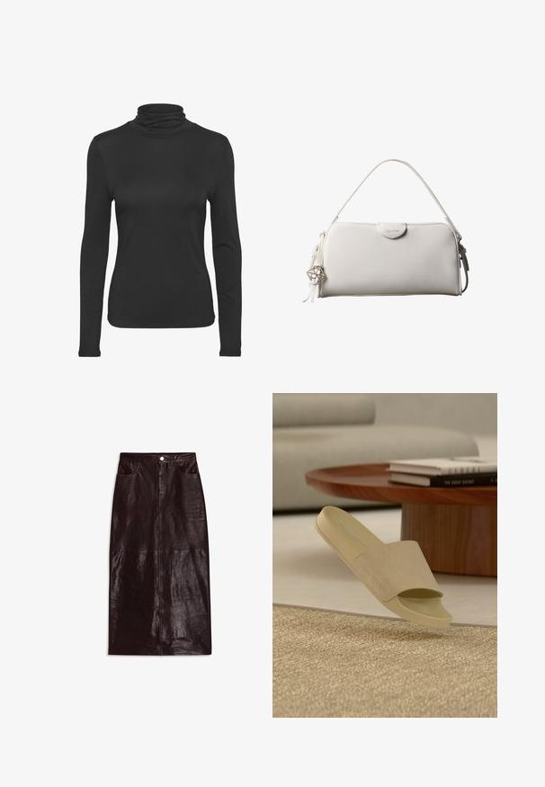 Zwarte lange mouw turtleneck shirt gemaakt van glad, rekbaar materiaal. Heeft een aansluitend ontwerp en een klassieke hoge kraag.; Bruine leren rok, knielang, met een gladde textuur, voorkruiszakken en een enkele knoopsluiting in de taille.; Beige slippers met brede band en 'Marc O'Polo' reliëf, zwevend boven een gestructureerd tapijt in de woonkamer met houten salontafel en boeken.; Witte rechthoekige Calvin Klein handtas met enkele handgreep, minimalistisch ontwerp en decoratieve kwastjes met geometrische metalen hanger aan de zijkant.