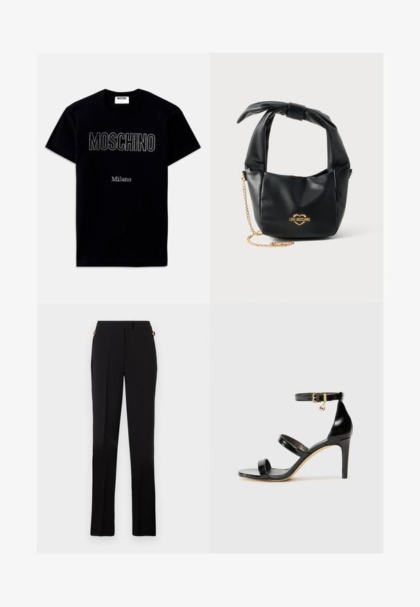 Camiseta negra de manga corta con texto "MOSCHINO" y "Milano" en pequeños cristales centrados en la parte frontal.; Pantalones negros de corte recto, con bolsillos laterales y detalles en la cintura con herrajes dorados. Textura suave.; Sandalia de charol negro con tres correas, hebilla en el tobillo y tacón de aguja de 10 cm. Presenta detalles de hardware en oro y un charm con el logo.; Bolso Love Moschino de piel negra suave con asa anudada y correa de cadena dorada sobre fondo blanco.