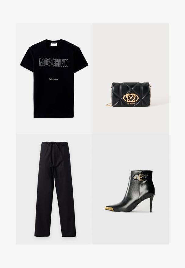 Camiseta negra de manga corta con texto "MOSCHINO" y "Milano" en pequeños cristales centrados en la parte frontal.; Pantalones negros de peso medio con cintura ajustable, diseño de pierna recta y sin patrones o acentos visibles. Textura suave.; Botín negro hasta el tobillo fabricado en cuero brillante, con punta puntiaguda, tacón de aguja y detalles dorados con una hebilla decorativa.; Bolso de mano negro acolchado de cuero con correa de cadena dorada y logotipo dorado de Love Moschino en el centro delantero.