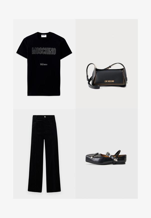 Zwart T-shirt met korte mouwen met de tekst "MOSCHINO" en "Milano" in kleine strass-steentjes gecentreerd op de voorkant.; Zwarte corduroy wijdlopende broek met een gestructureerd oppervlak, voorzien van voorzakken en een zilveren knoopdetail in de taille.; Zwarte leren platte schoen met vierkante neus, twee zilveren gespslinten en een lage hak op een lichtgrijze achtergrond.; Zwarte rechthoekige Love Moschino handtas met gouden stiksel en verstelbare schouderriem op egale achtergrond.