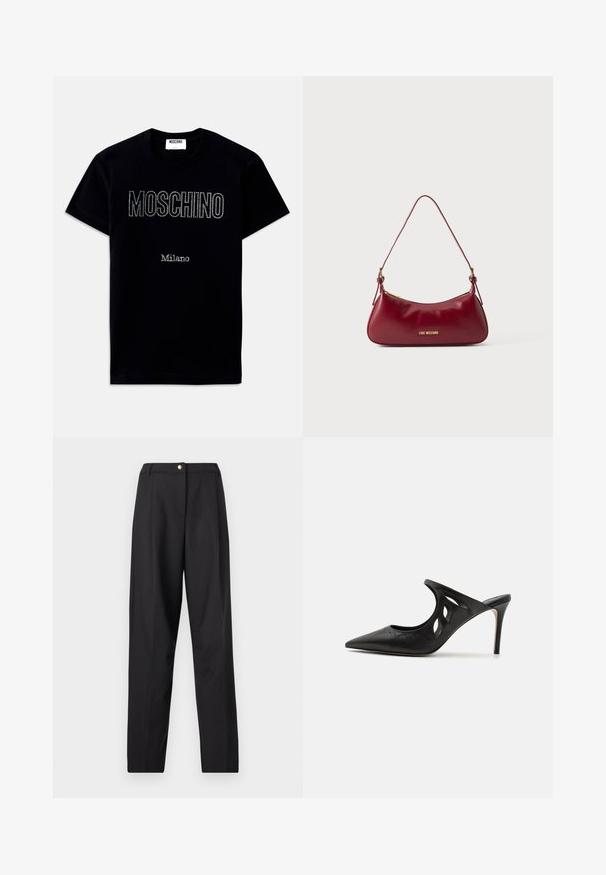 Must lühikeste varrukatega T-särk, mille ees keskelt väikeste kivikestega kiri "MOSCHINO" ja "Milano".; Mustad kõrge vöökohaga kohandatud püksid sirgete säärtega ja ühe kuldse nupuga vöörihmadel.; Mustad nahast kõrge kontsaga mulesed, millel on terav varvas, lõikega küljekujundus ja sile tekstuur. Stiletto konts ja peen õmbluse detail.; Väike tumepunane nahast õlakott õhukese rihmaga ja kuldse "Love Moschino" logoga ees.