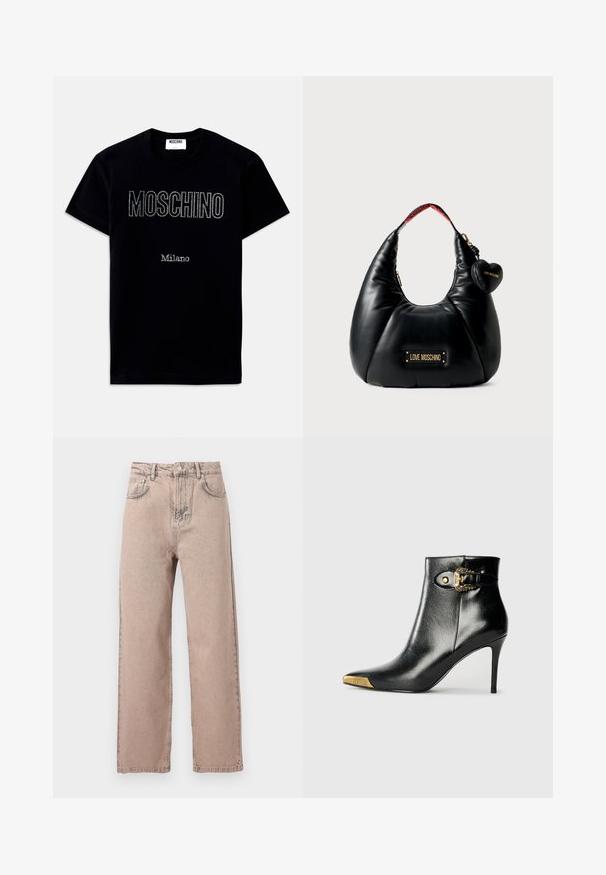 Camiseta negra de manga corta con texto "MOSCHINO" y "Milano" en pequeños cristales centrados en la parte frontal.; Jeans beige de talle alto y pierna recta con botón frontal, trabillas para cinturón y diseño clásico de cinco bolsillos sobre un fondo liso.; Botín negro hasta el tobillo fabricado en cuero brillante, con punta puntiaguda, tacón de aguja y detalles dorados con una hebilla decorativa.; Bolso de cuero sintético negro con forma curva, que presenta una placa de logo dorada y un charm en forma de corazón. La correa interior tiene un detalle de logo rojo.