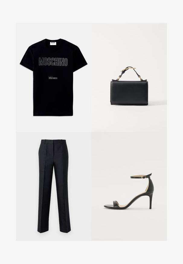 Schwarzes T-Shirt mit kurzen Ärmeln mit den Schriftzügen "MOSCHINO" und "Milano" in kleinen Strasssteinen, mittig auf der Vorderseite.; Schwarze Hose mit geradem Schnitt, glatter Textur und unsichtbarem Reißverschluss. Mit Falten für zusätzlichen Stil und einen maßgeschneiderten Look.; Schwarze Leder-high-heeled Sandale mit Knöchelriemen. Verfügt über eine glatte Textur, offene Zehen und einen dünnen Absatz. Goldfarbener Schnallenakzent.; Schwarze Lederhandtasche mit rechteckiger Form, ausgestattet mit einem oberen Griff und goldfarbenen Hardware-Akzenten. Glatte Textur, minimalistisches Design.