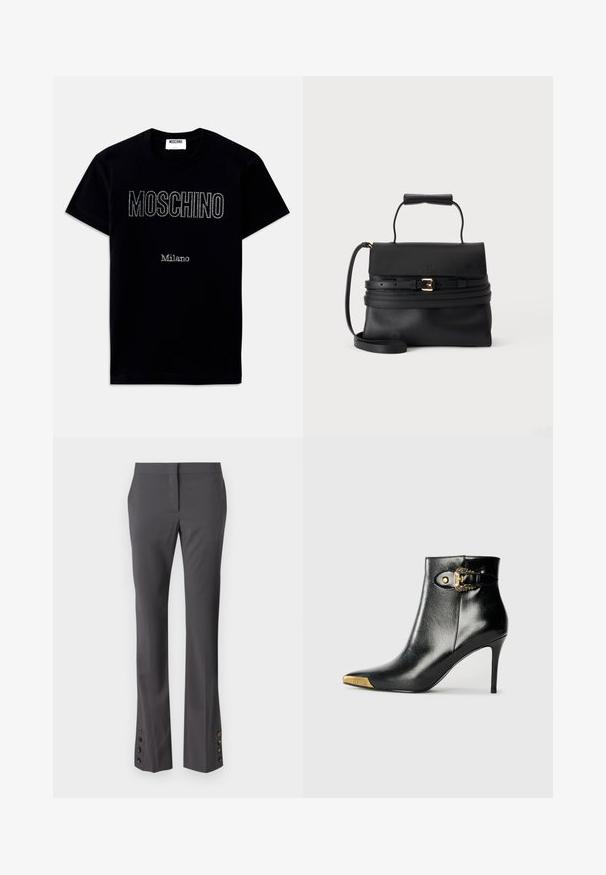 Schwarzes T-Shirt mit kurzen Ärmeln mit den Schriftzügen "MOSCHINO" und "Milano" in kleinen Strasssteinen, mittig auf der Vorderseite.; Grau maßgeschneiderte Hose mit geradem Schnitt, Knopfakzenten am Saum und glatter Textur. Mit flachem Vorderteil und Seitentaschen.; Schwarzer Knöchelstiefel aus glänzendem Leder mit spitz zulaufender Zehenpartie, Stöckelabsatz und goldfarbener Hardware mit dekorativem Schnallendetail.; Schwarze Lederhandtasche mit oberem Griff, Klappverschluss, dekorativem Gürtel mit goldener Schnalle und abnehmbarem Schulterriemen auf weißem Hintergrund.