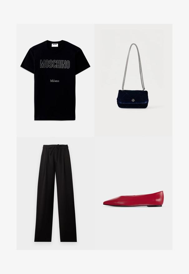 Schwarzes T-Shirt mit kurzen Ärmeln mit den Schriftzügen "MOSCHINO" und "Milano" in kleinen Strasssteinen, mittig auf der Vorderseite.; Lockere schwarze Hose mit elastischem Bund und Kordelzug, gerade weite Beine, flach auf weißem Hintergrund dargestellt.; Roter Leder-Flachschuh mit spitzer Spitze, schwarzer Sohle und niedrigem Absatz, seitlich auf schlichtem hellem Hintergrund dargestellt.; Marineblaue Samt-Schultertasche mit gesteppter Struktur, silberner Kettenriemen und Logo-Akzent auf der Vorderseite. Kompakte Form und glatte Textur.