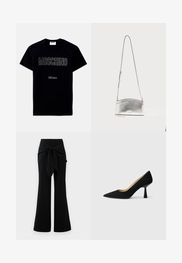 Camiseta negra de manga corta con texto "MOSCHINO" y "Milano" en pequeños cristales centrados en la parte frontal.; Pantalones de pierna ancha negros con detalle de lazo en la cintura. Fabricados con un tejido suave, que presenta una textura lisa y líneas limpias. Dobladillo ligeramente acampanado.; Zapato de tacón alto de ante negro con punta afilada, que cuenta con un tacón de bloque negro brillante y un forro interior suave.; Bolso bandolera metálico plateado con correa ajustable y logo sutil en el frente sobre un fondo claro y liso.